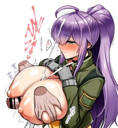Rule 34 | 1girl, ahoge, grabbing another&#039;s breast, breasts, breasts out, cum, cum on body, cum on breasts, cum on upper body, disembodied hand, disembodied penis, gloves, gnome (last origin), grabbing, green eyes, green jacket, highres, jacket, kanno takanori, large areolae, large breasts, last origin, leotard, long hair, nipples, open clothes, open jacket, paizuri, penis, perpendicular paizuri, ponytail, purple hair, sweat, tears