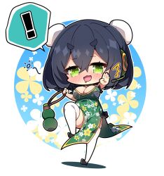 Rule 34 | !, 1girl, :d, ^^^, absurdres, black footwear, black hair, blue background, blush, breasts, bun cover, chibi, china dress, chinese clothes, cleavage, cleavage cutout, clothing cutout, commentary request, double bun, dress, drooling, drunk, floral background, floral print, full body, gourd, green dress, green eyes, hair between eyes, hair bun, headphones, headset, highres, holding, kyoumachi seika, large breasts, milkpanda, mouth drool, open mouth, outstretched arm, pelvic curtain, print dress, shadow, shoes, short eyebrows, sleeveless, sleeveless dress, smile, solo, spoken exclamation mark, squeans, standing, standing on one leg, thick eyebrows, thighhighs, two-tone background, v-shaped eyebrows, voiceroid, white background, white thighhighs