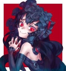 Rule 34 | 10s, 1girl, abyssal ship, back, bare shoulders, black hair, detached sleeves, dress, gothic lolita, isolated island oni, kantai collection, kutori pan&#039;ya, lolita fashion, long hair, looking at viewer, pale skin, red background, red eyes, smile, solo