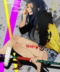 1girl arm_tattoo black_hair cigarette commentary_request denim denim_shorts earrings eringi genderswap genderswap_(mtf) high_heels holding holding_sword holding_weapon hood hoodie jewelry long_hair one_piece short_shorts shorts sword tattoo trafalgar_law weapon yellow_eyes