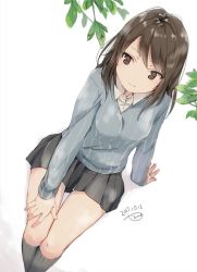 Rule 34 | 10s, 1girl, artist name, blue shirt, branch, brown eyes, brown hair, closed mouth, commentary, dated, dress shirt, from above, girls und panzer, grey skirt, grey socks, hand on own leg, keizoku school uniform, leaf, light smile, long hair, long sleeves, mika (girls und panzer), miniskirt, no headwear, pleated skirt, school uniform, shirt, signature, sitting, skirt, socks, solo, striped clothes, striped shirt, tam a mat, thigh gap, vertical-striped clothes, vertical-striped shirt, white background, white shirt, wing collar