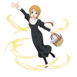 Rule 34 | 1girl, :d, arm up, basket, black dress, blonde hair, blue eyes, brown footwear, dress, floating hair, full body, highres, holding, holding basket, long dress, long hair, long sleeves, looking at viewer, low ponytail, nun, official art, open mouth, outstretched arm, outstretched hand, ponytail, selka zuberg, smile, solo, standing, sword art online, traditional nun, transparent background, very long hair
