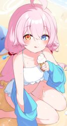 Rule 34 | 1girl, :q, ahoge, beach, bikini, blue archive, blue eyes, blush, commentary, cream on body, fingernails, flat chest, food, frilled bikini, frills, hair between eyes, heterochromia, highres, holding, hoshino (blue archive), hoshino (swimsuit) (blue archive), ice cream, inuyama nanami, long hair, looking at viewer, low twintails, official alternate costume, pink hair, sand, sitting, solo, sweat, swimsuit, tongue, tongue out, twintails, white bikini, yellow eyes