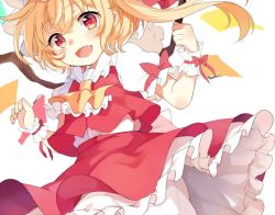 Rule 34 | 1girl, :d, ascot, blonde hair, bloomers, blush, clenched hand, collared shirt, fang, flandre scarlet, hat, jumping, looking at viewer, mob cap, open mouth, paragasu (parags112), petticoat, puffy short sleeves, puffy sleeves, red eyes, shirt, short hair with long locks, short sleeves, side ponytail, skirt, skirt set, smile, solo, touhou, underwear, vest, wings