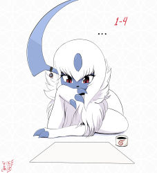Rule 34 | ..., absol, absurdres, animal focus, artist name, claws, creatures (company), dated, eryz, fluffy, game freak, gen 3 pokemon, hand up, head rest, highres, horn ornament, horns, ink, inkwell, looking down, lying, mega stone, nintendo, on side, paper, pokemon, pokemon (creature), red eyes, short hair, signature, simple background, solo, white background, white hair
