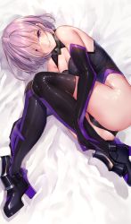 Rule 34 | 1girl, absurdres, akasaai, ass, bare shoulders, black gloves, black leotard, black thighhighs, blush, boots, breasts, cleavage, closed mouth, collar, elbow gloves, fate/grand order, fate (series), gloves, hair over one eye, high heel boots, high heels, highleg, highleg leotard, highres, large breasts, leotard, light purple hair, looking at viewer, lying, mash kyrielight, metal collar, on side, purple eyes, purple gloves, purple thighhighs, short hair, smile, solo, thighhighs, two-tone gloves, two-tone legwear