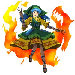 Rule 34 | 1girl, apron, arm ribbon, art supplies, black footwear, blue hair, blue ribbon, breast pocket, dress, fire, frilled hat, frills, full body, giantcavemushroom, green apron, green hat, haniyasushin keiki, hat, head scarf, headdress, highres, holding, jewelry, knife, long hair, looking at viewer, magatama, magatama necklace, necklace, paintbrush, pliers, pocket, puffy sleeves, red eyes, ribbon, sandals, single strap, smile, solo, tools, touhou, twitter username, white background, wily beast and weakest creature, wood carving tool, yellow dress