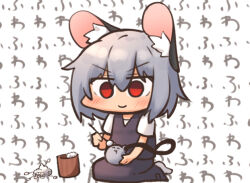 Rule 34 | 1girl, animal ear fluff, animal ears, blush, chibi, closed mouth, commentary request, ear cleaning, flat chest, full body, greenpiecerice, grey hair, grey skirt, grey vest, hair between eyes, medium bangs, mimikaki, mouse (animal), mouse ears, mouse girl, mouse tail, nazrin, no cape, red eyes, seiza, shirt, short hair, short sleeves, sitting, skirt, skirt set, smile, solo, tail, touhou, v-shaped eyebrows, vest, white shirt
