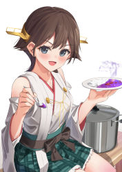 Rule 34 | 1girl, artist name, bad food, bare shoulders, blue eyes, blush, brown hair, curry, curry rice, detached sleeves, food, green skirt, hair between eyes, headgear, hiei (kancolle), hiei kai ni (kancolle), highres, holding, holding spoon, japanese clothes, kantai collection, kokenashi, looking at viewer, nontraditional miko, open mouth, plaid, plaid skirt, pleated skirt, ribbon-trimmed sleeves, ribbon trim, rice, short hair, signature, simple background, sitting, skirt, smile, solo, spoon, white background, wide sleeves