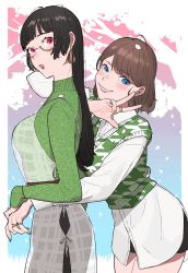 Rule 34 | 2girls, :o, alternate costume, black hair, blue nails, blush, breasts, brown hair, choukai (kancolle), dress shirt, earrings, glasses, green nails, green sweater, grin, hair ornament, hairclip, highres, jewelry, kantai collection, long hair, long sleeves, looking at viewer, makeup, maya (kancolle), multicolored nails, multiple girls, nail polish, parted lips, red eyes, ring, shirt, short hair, simple background, smile, sukekiyo (skky 0), sweater, sweater vest, w, white shirt