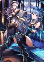 Rule 34 | 10s, 2girls, bare shoulders, black legwear, blue eyes, blue hair, blunt bangs, blurry, breasts, castle, crystal, depth of field, detached sleeves, dress, erin (granblue fantasy), eruthika, granblue fantasy, hair ornament, highres, indoors, light purple hair, lily (granblue fantasy), long hair, looking at viewer, multiple girls, one eye closed, outstretched arm, pointy ears, short dress, sidelocks, sitting, small breasts, smile, staff, standing, standing on one leg, thighhighs, thighs, white dress, wide sleeves, worried