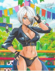 Rule 34 | 1girl, 2020, angel (kof), black panties, blue eyes, bra, breasts, cleavage, fingerless gloves, gloves, hair over one eye, hand on own hip, highres, jacket, large breasts, leather, leather jacket, midriff, navel, outdoors, panties, ravernclouk design, short hair, snk, strapless, strapless bra, the king of fighters, the king of fighters all-stars, the king of fighters xiv, traditional media, tree, underwear, white hair