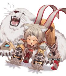 Rule 34 | 1girl, animal ear fluff, animal ears, arched bangs, artist name, blurry, blurry background, cat ears, claws, closed eyes, commentary request, dromarch (xenoblade), eyelashes, gloves, grey hair, jumpsuit, kamaniki, medium hair, nia (xenoblade), sample watermark, sharp teeth, teeth, top-down bottom-up, twitter username, watermark, whiskers, white fur, white gloves, xenoblade chronicles (series), xenoblade chronicles 2, yawning, yellow jumpsuit