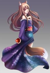 Rule 34 | 1girl, animal ears, apple, bad id, bad pixiv id, bare shoulders, brown hair, floral print, food, fruit, gradient background, holo, japanese clothes, kimono, long hair, looking at viewer, looking back, nobody studios, nobodystudios, obi, parted lips, red eyes, sash, simple background, solo, spice and wolf, tail, wolf ears, wolf tail