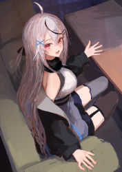 Rule 34 | 1girl, :d, ahoge, asymmetrical legwear, black jacket, blush, breasts, commentary request, copyright request, couch, from above, from side, garter straps, grey hair, grey skirt, hair between eyes, hair ornament, hairclip, highres, ichika (ichika87), indoors, jacket, long sleeves, looking at viewer, looking to the side, looking up, medium breasts, mismatched legwear, off shoulder, on couch, open clothes, open jacket, open mouth, parted bangs, puffy long sleeves, puffy sleeves, red eyes, shirt, single garter strap, sitting, skirt, sleeveless, sleeveless shirt, smile, solo, table, thighhighs, white shirt, x hair ornament