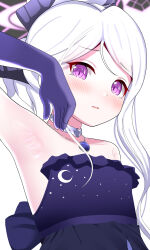 Rule 34 | 1girl, armpits, bare shoulders, black halo, black horns, blue archive, blush, choker, crescent, crescent print, dress, flat chest, gloves, halo, highres, hina (blue archive), hina (dress) (blue archive), horns, jewelry, long hair, looking at viewer, necklace, official alternate costume, print dress, purple dress, purple eyes, purple gloves, sakamatashachi, sidelocks, simple background, upper body, white background, white hair