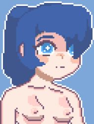 Rule 34 | 1girl, blue background, blue eyes, blue hair, expressionless, mizuchi (spearited), pixel art, simple background, spearited