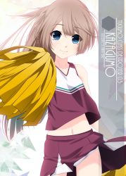 Rule 34 | 1girl, artist name, brown hair, character name, cheerleader, clothes lift, collarbone, cowboy shot, grey eyes, highres, holding, holding pom poms, inaba shiki, kantai collection, kazagumo (kancolle), long hair, looking at viewer, midriff, midriff peek, miniskirt, one-hour drawing challenge, panties, pleated skirt, pom pom (cheerleading), pom poms, ponytail, purple shirt, purple skirt, shirt, skirt, skirt lift, sleeveless, sleeveless shirt, solo, underwear, white panties
