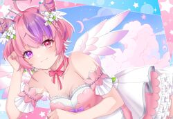 Rule 34 | 1girl, ahoge, alternate hairstyle, angel wings, bow choker, breasts, choker, cleavage, crescent moon, dress, flower, frilled dress, frills, hair flower, hair ornament, hairpin, heart, heart ahoge, heterochromia, highres, ironmouse, ironmouse (fallen angel), iyotsuki11, large breasts, looking at viewer, moon, multicolored hair, nail polish, pink choker, pink dress, pink eyes, pink hair, pink nails, purple eyes, purple hair, short hair, smile, solo, star (symbol), streaked hair, virtual youtuber, vshojo, wings