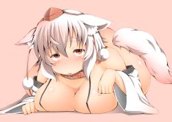 Rule 34 | 1girl, animal ears, bare shoulders, blush, breast press, breasts, brown eyes, collar, detached sleeves, hat, inubashiri momiji, large breasts, long sleeves, looking at viewer, lying, nose blush, on stomach, plump, pom pom (clothes), shishi juuroku, short hair, solo, tail, thick eyebrows, tokin hat, tongue, tongue out, touhou, valentine, white hair, wide sleeves, wolf ears, wolf tail