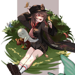 Rule 34 | 1girl, black hat, black nails, black shorts, blurry, blurry foreground, breasts, brooch, brown hair, bug, butterfly, butterfly on hand, closed eyes, closed mouth, coat, coattails, collared coat, collared shirt, colored tips, commentary request, dragon, eastern dragon, flower-shaped pupils, genshin impact, ghost, grass, grey background, hand on headwear, hat, hat ornament, hu tao (genshin impact), insect, jewelry, kizuku vii, long hair, long sleeves, multicolored hair, nail polish, open mouth, porkpie hat, red eyes, red hair, red shirt, rex lapis (genshin impact), ring, shirt, shoes, shorts, simple background, sitting, smile, socks, solo, symbol-shaped pupils, talisman, tassel, twintails, white background, white socks, wide sleeves
