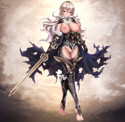 Rule 34 | 1girl, absurdres, akina t, armor, armored dress, ascot, bar censor, barefoot, black dress, black gloves, black hairband, black pantyhose, blonde hair, breasts, breasts out, censored, closed mouth, commentary request, commission, corrin (female) (fire emblem), corrin (fire emblem), crotch cutout, dress, female knight, fire emblem, fire emblem fates, fire emblem heroes, full body, gem, gloves, gold trim, green gemstone, hair between eyes, hairband, highres, holding, holding sword, holding weapon, large breasts, long hair, looking at viewer, nintendo, nipples, official alternate costume, pantyhose, pointy ears, red eyes, revealing clothes, skeb commission, smile, solo, stirrup legwear, sword, toeless legwear, torn clothes, torn dress, vambraces, warrior, weapon, white ascot