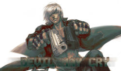 Rule 34 | 1boy, capcom, dante (devil may cry), devil may cry (series), gun, handgun, jacket, leather, leather jacket, male focus, solo, weapon, white hair