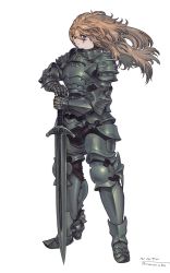 Rule 34 | 1girl, armor, armored boots, boots, breastplate, brown eyes, brown hair, faulds, full body, gauntlets, hair between eyes, hand on hilt, highres, holding, holding sword, holding weapon, knight, long hair, nanora, original, planted, planted sword, planted weapon, plate armor, sabaton, shoulder armor, signature, solo, sword, twitter username, weapon, white background, wind, wind lift