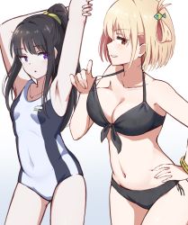 Rule 34 | 2girls, :o, arms up, bikini, bikini pull, black bikini, black hair, breasts, clothes pull, competition swimsuit, covered navel, fish hair ornament, gold bracelet, grin, hair ornament, hand on own hip, high ponytail, highres, hyoe (hachiechi), inoue takina, large breasts, long hair, lycoris recoil, multiple girls, navel, nishikigi chisato, one-piece swimsuit, one side up, parted lips, pulling own clothes, purple eyes, red eyes, scrunchie, short hair, sidelocks, simple background, small breasts, smile, stomach, strap pull, swimsuit, white background, white one-piece swimsuit