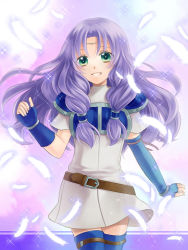 Rule 34 | 1girl, armor, asymmetrical gloves, belt, blue gloves, blue thighhighs, cowboy shot, dress, elbow gloves, feathers, fingerless gloves, fire emblem, fire emblem: the blazing blade, floating hair, florina (fire emblem), gloves, green eyes, grey dress, kiyuu, long hair, looking at viewer, nintendo, pauldrons, purple hair, short dress, short sleeves, shoulder armor, smile, solo, standing, thighhighs, uneven gloves, very long hair, white feathers