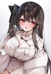 Rule 34 | 1girl, azur lane, black bow, black gloves, black hair, blush, bow, breasts, cleavage, coat, fur-trimmed coat, fur trim, gloves, hair bow, highres, ichigo moka, large breasts, long hair, looking at viewer, mimikaki, open mouth, pamiat merkuria (azur lane), red eyes, simple background, solo, white background, white coat