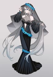 Rule 34 | 1girl, absurdres, arm up, bare shoulders, black dress, blue eyes, blue flower, breasts, cleavage, closed mouth, clothing cutout, collarbone, detached sleeves, dress, fate/grand order, fate (series), flower, full body, glint, grey background, grey hair, highres, jewelry, large breasts, long hair, long sleeves, looking at viewer, morgan le fay (fate), navel, navel cutout, ring, simple background, solo, standing, veil, very long hair, wedding dress, wedding ring, zhi (yammycheese)
