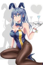 Rule 34 | 1girl, absurdres, adapted costume, alternate costume, animal ears, black pantyhose, blowing kiss, blue bow, blue eyes, blue footwear, blue hair, blue leotard, bow, bowtie, breasts, cleavage, cup, detached collar, drinking glass, fake animal ears, gloves, gotland (kancolle), hair between eyes, heart, high heels, highres, holding, holding tray, kantai collection, large breasts, leotard, long hair, mole, mole under eye, nipa (graf xsr900), one eye closed, pantyhose, playboy bunny, ponytail, rabbit ears, rabbit tail, shadow, sitting, tail, tray, white background, white gloves, wine glass, wrist cuffs