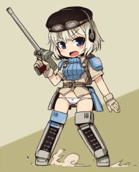 Rule 34 | 1girl, armor, beret, blonde hair, blue eyes, cecilia glinda miles, gloves, goggles, goggles on head, gun, hat, headphones, lowleg, lowleg panties, military, military uniform, null (nyanpyoun), panties, short hair, solo, strike witches, underwear, uniform, weapon, white panties, witches of africa, world witches series