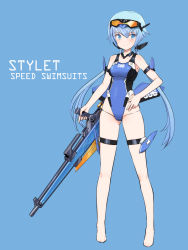 Rule 34 | 1girl, barefoot, blue background, blue eyes, blue hair, competition swimsuit, frame arms girl, gun, holding, holding gun, holding weapon, low twintails, one-piece swimsuit, shimada fumikane, solo, stylet (frame arms), swimsuit, twintails, weapon