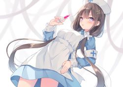 Rule 34 | 1girl, :o, ahoge, apron, armband, blue dress, breasts, brown hair, commentary, cowboy shot, dress, dutch angle, hair ornament, hairclip, hand on own hip, hand up, hat, holding, long hair, long sleeves, looking at viewer, low twintails, medium breasts, nurse, nurse cap, original, parted lips, purple eyes, rurudo, sidelocks, solo, standing, symbol-only commentary, syringe, twintails, very long hair, white apron, white hat