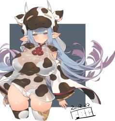 Rule 34 | 1girl, animal print, artist name, blue eyes, blue hair, blush, breasts, cow hood, cow horns, cow print, dated, detached sleeves, draph, fbc, gradient hair, granblue fantasy, horns, large breasts, long hair, looking at viewer, multicolored hair, navel, pink hair, pointy ears, catura (granblue fantasy), see-through, short shorts, shorts, solo, transparent background, white shorts, wide sleeves