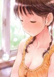 Rule 34 | 1girl, absurdres, braid, breasts, brown hair, buttons, cleavage, closed eyes, fujita hidetoshi, hair ribbon, highres, lens flare, open mouth, ribbon, shirt, solo, twin braids, twintails, upper body, window, yellow shirt