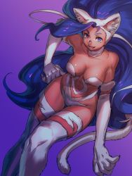 Rule 34 | 1girl, :3, :d, animal ear fluff, animal ears, animal hands, bare shoulders, big hair, blue hair, body fur, breasts, cat ears, cat girl, cat tail, claws, collarbone, felicia (vampire), gradient background, long hair, looking at viewer, medium breasts, navel, open mouth, purple background, purple eyes, slit pupils, smile, solo, tail, vampire (game), very long hair, yuccoshi