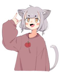 Rule 34 | animal ears, apple (eds), blush stickers, cat ears, cat tail, eds, fang, highres, low twintails, m/, open mouth, original, short eyebrows, short twintails, simple background, sleeves past wrists, tail, twintails, white background
