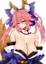 Rule 34 | 10s, 1girl, animal ear fluff, animal ears, bare shoulders, blue bow, blue kimono, blush, bow, breasts, cleavage, collarbone, detached collar, detached sleeves, fate/extra, fate (series), fox ears, fox girl, fox tail, hair between eyes, hair bow, hayama kazusa, highres, huge breasts, japanese clothes, kimono, long hair, looking at viewer, obi, pink hair, sash, sidelocks, simple background, smile, solo, tail, tamamo (fate), tamamo no mae (fate/extra), twintails, white background, yellow eyes