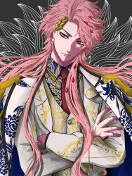 1boy apollo_(shuumatsu_no_valkyrie) blue_jacket crossed_arms diamond_(shape) diamond_hair_ornament floral_background floral_print gem greyscale highres jacket jewelry laurel_crown leaf_print long_hair long_sleeves male_focus monochrome necktie on_shoulder pink_hair red_gemstone red_necktie shuumatsu_no_valkyrie sideways_glance smile solo tagme two-sided_fabric upper_body vest white_jacket wreath yellow_eyes