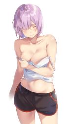 Rule 34 | 1girl, bare arms, bare shoulders, black shorts, blush, breasts, camisole, cherim, cleavage, closed mouth, collarbone, cowboy shot, dolphin shorts, closed eyes, facing viewer, fate/grand order, fate (series), hair over one eye, highres, large breasts, mash kyrielight, midriff, navel, no bra, purple hair, shirt, short hair, short shorts, shorts, simple background, solo, standing, stomach, strap slip, white background, white shirt