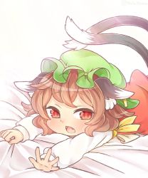 Rule 34 | 1girl, animal ears, brown eyes, brown hair, cat ears, cat tail, chen, commentary request, earrings, fang, green hat, hat, ibaraki natou, jewelry, long sleeves, lying, mob cap, multiple tails, nekomata, on stomach, open mouth, short hair, simple background, single earring, solo, tail, touhou, two tails