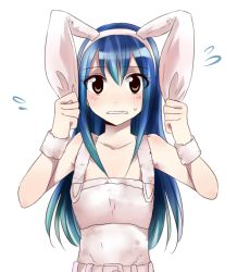 Rule 34 | 1girl, animal ears, belt, blue hair, blush, brown eyes, fairy tail, fake animal ears, long hair, looking at viewer, mady (madine08260), rabbit ears, simple background, solo, wendy marvell, white background