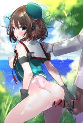 Rule 34 | 10s, 1boy, 1girl, ass, bad id, bad pixiv id, black gloves, blue eyes, blush, bottomless, breasts, brown hair, censored, from behind, gloves, hair ornament, hairclip, hat, headgear, hetero, kantai collection, looking back, maya (kancolle), nipples, no bra, no panties, open clothes, open mouth, penis, penis grab, remodel (kantai collection), short hair, sleeveless, solo focus, tajima ryuushi
