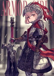 Rule 34 | 1girl, absurdres, armor, armored boots, boots, breastplate, closed mouth, feet out of frame, from side, gauntlets, hand on hilt, helm, helmet, highres, holding, holding sword, holding weapon, kusano shinta, looking at viewer, original, red eyes, red hair, shoulder armor, solo, sword, weapon