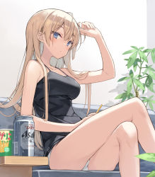 Rule 34 | 1girl, arm up, bare arms, bare legs, beer can, black tank top, blonde hair, blue eyes, blush, breasts, can, commentary, couch, crossed legs, drink can, food, hand in own hair, hand on own head, hand on own leg, highres, holding, indoors, legs, long hair, looking at viewer, medium breasts, no pants, on couch, original, panties, plant, poco (asahi age), sidelocks, sitting, solo, spaghetti strap, tank top, thighs, underwear, white panties