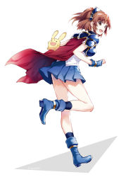 Rule 34 | 1girl, arisaka ako, arle nadja, armor, blue skirt, breastplate, breasts, bridal gauntlets, brown hair, cape, from side, full body, hair ornament, high heels, leg up, medium breasts, open mouth, pleated skirt, puyopuyo, short hair, shoulder armor, simple background, skirt, solo, pauldrons, white background