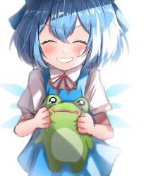 Rule 34 | 1girl, 380u0, absurdres, blue dress, blue hair, cirno, closed eyes, collared shirt, dress, facing viewer, frog, grin, happy, highres, holding, ice, ice wings, pinafore dress, ribbon, shirt, short hair, short sleeves, simple background, sleeveless dress, smile, solo, touhou, upper body, white background, white shirt, wings